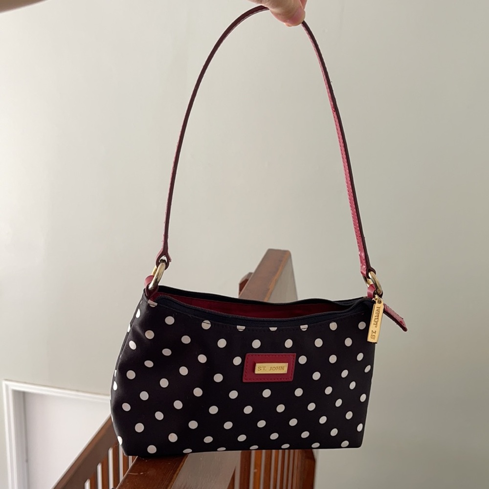 St.John satin black white polka dot with gold hardware shoulder bag purse